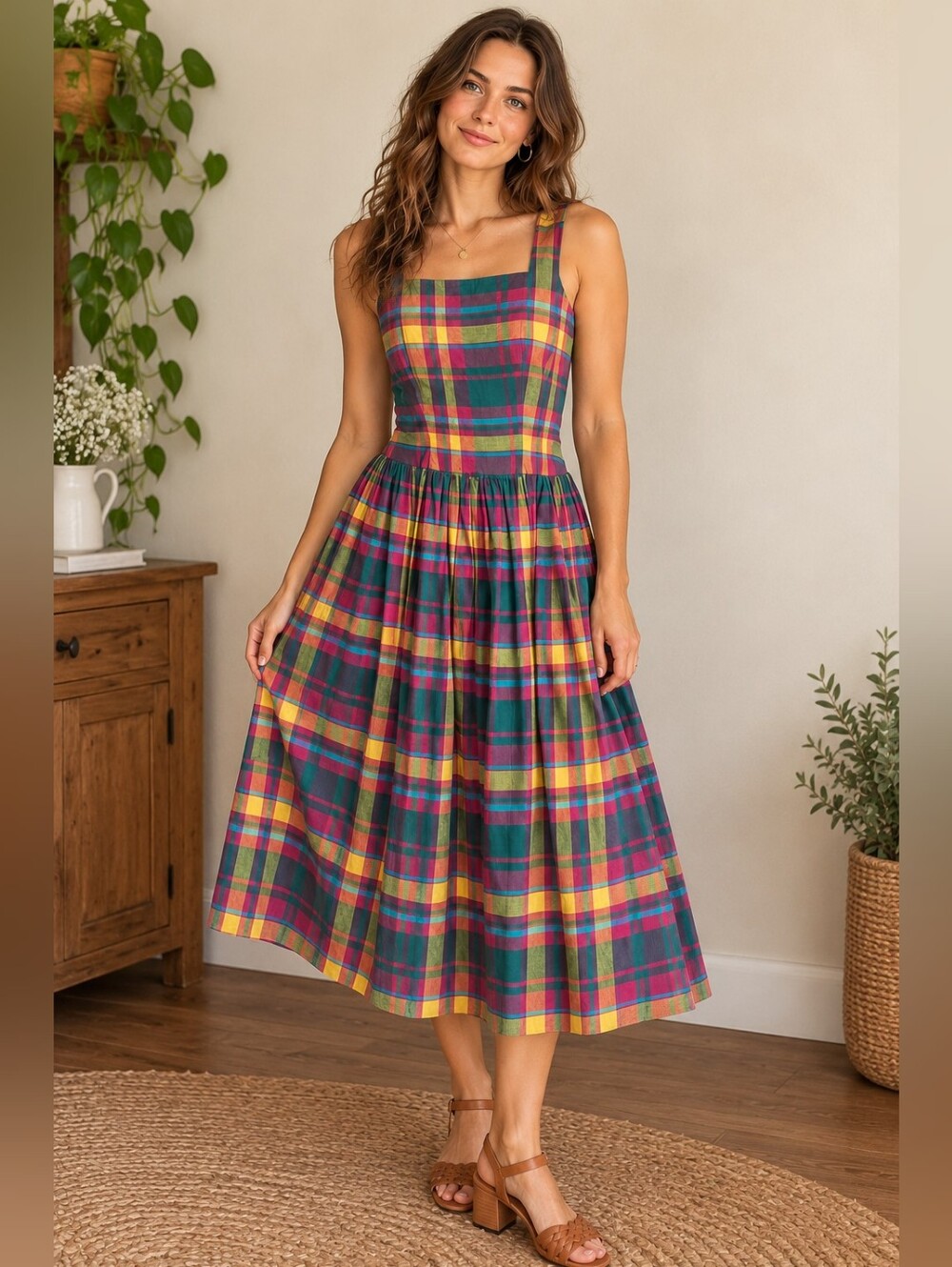 Vintage J. Christopher For The Eagles Eye Plaid Colorful Plaid Apron Dress Smock